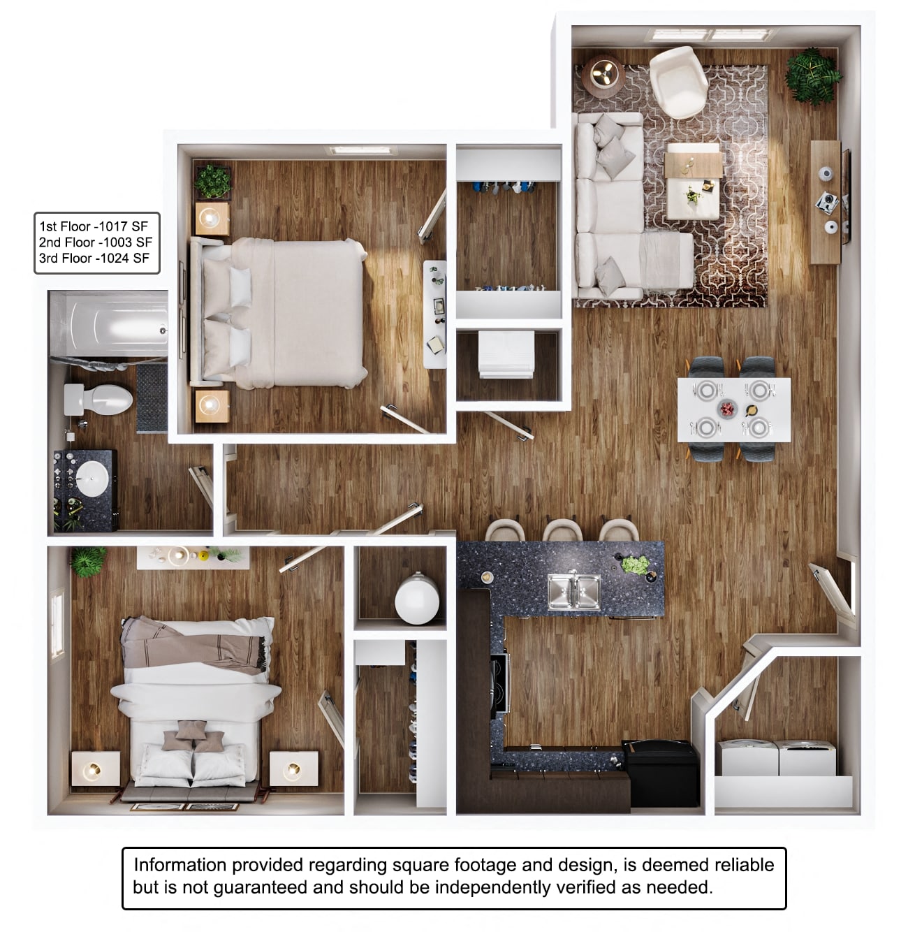 3D floor plan of 2BR Apartment